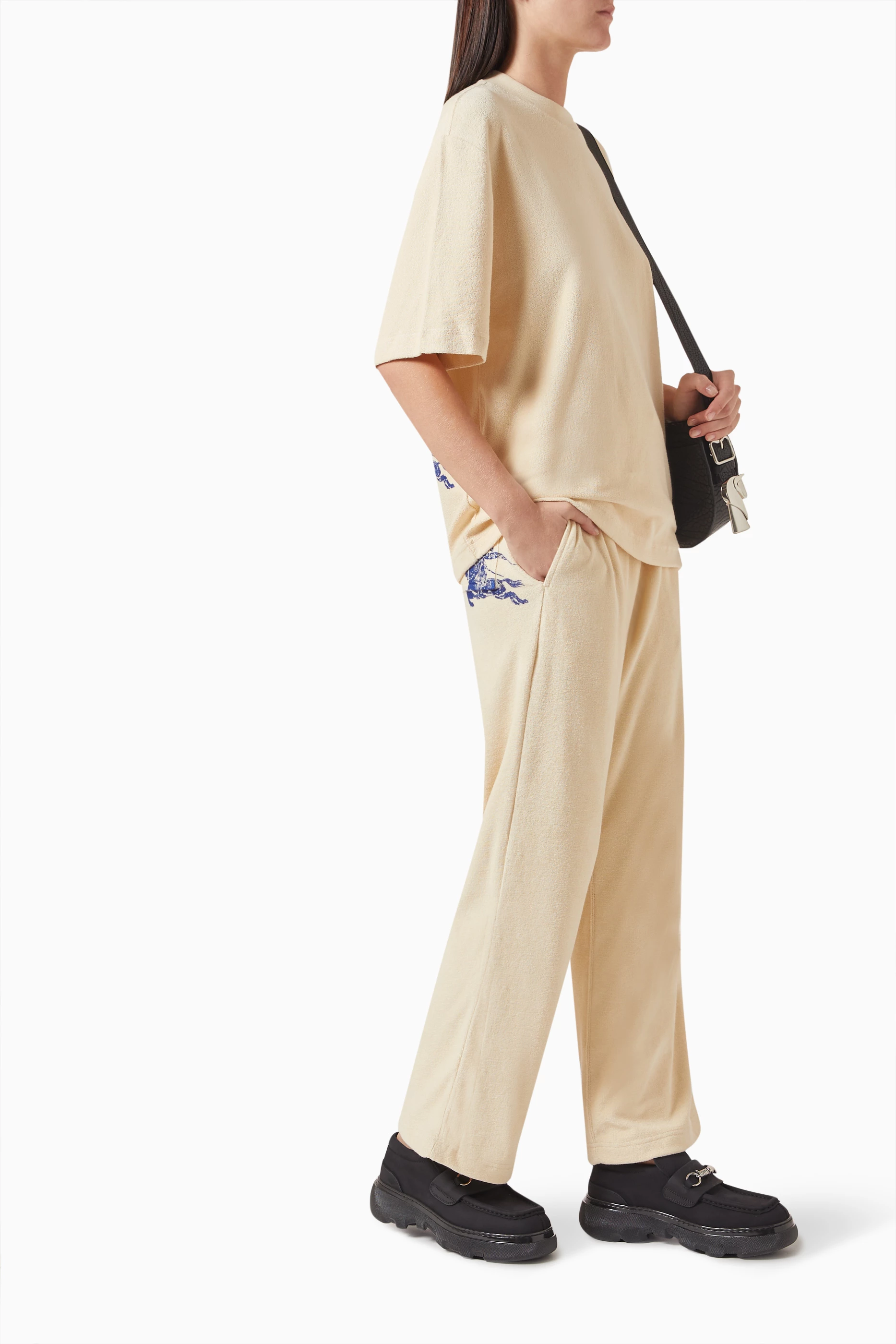Buy Burberry Neutral Equestrian Knight Print Pants in Cotton Towelling For Women Online Ounass Bahrain