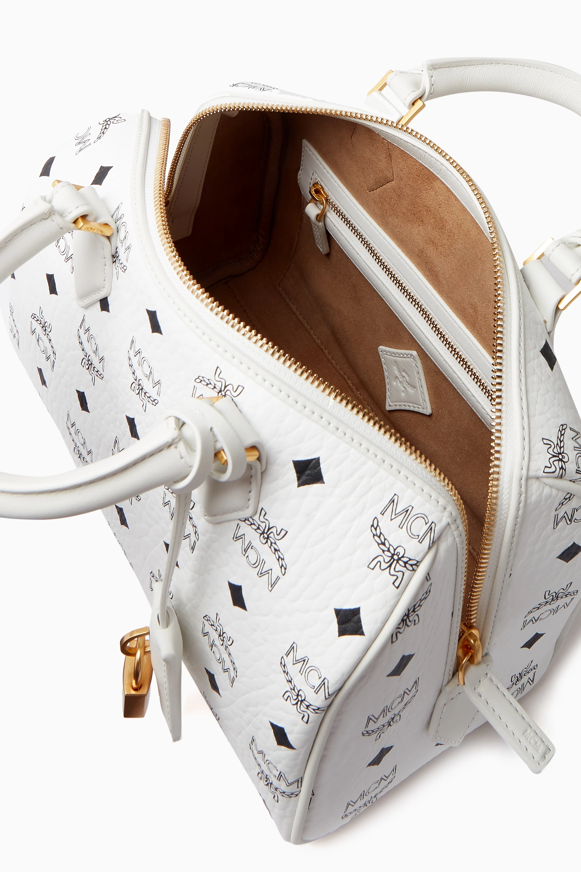 Buy MCM White Small Boston Bag in Visetos Canvas For Women Online Ounass Bahrain