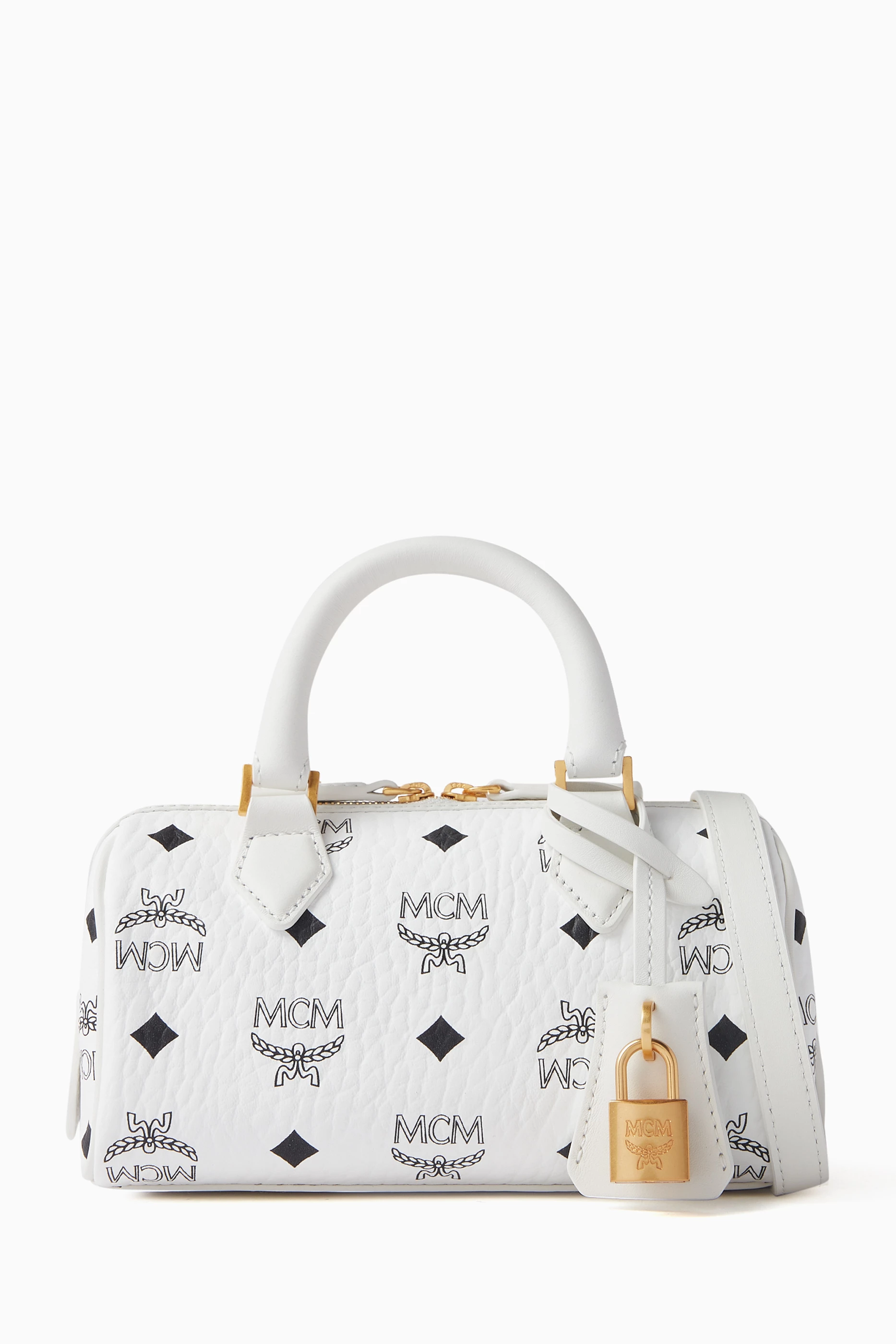 Buy MCM White Mini Boston Bag in Visetos Canvas For Women Online Ounass Bahrain