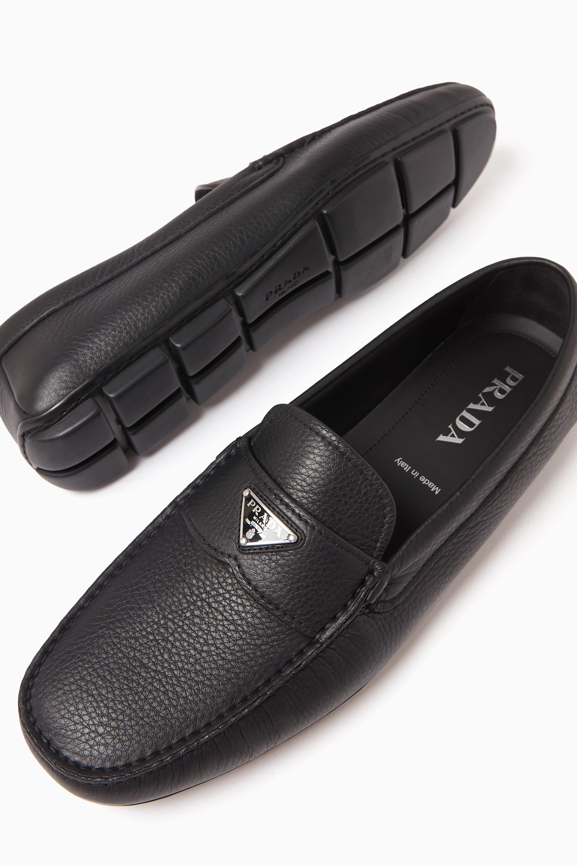 Buy Prada Black Logo Driving Shoes in Leather For Men Online Ounass Bahrain