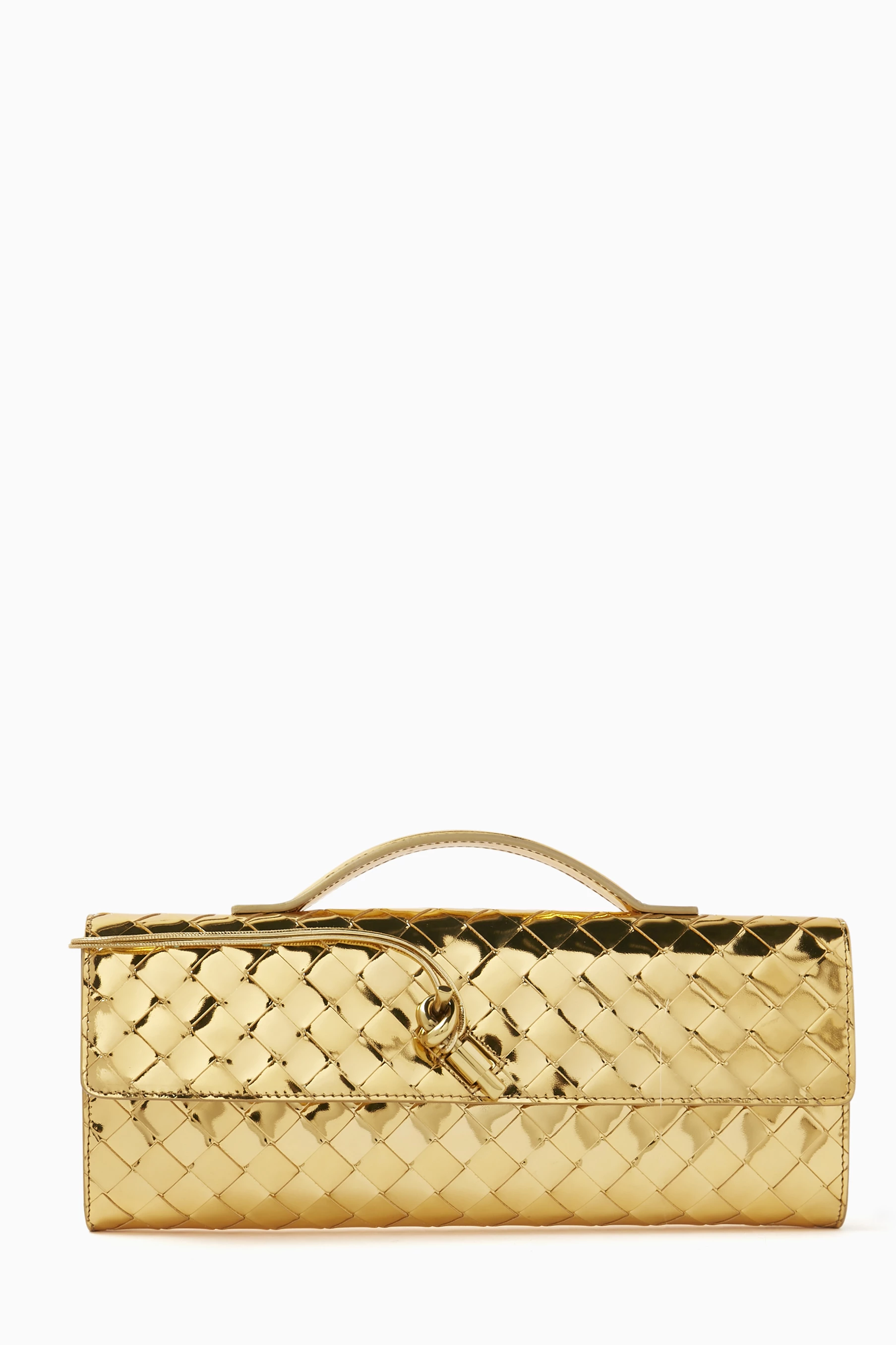 Buy Bottega Veneta Gold Long Andiamo Handle Clutch in Metallic Intrecciato Leather For Women Online Ounass Bahrain