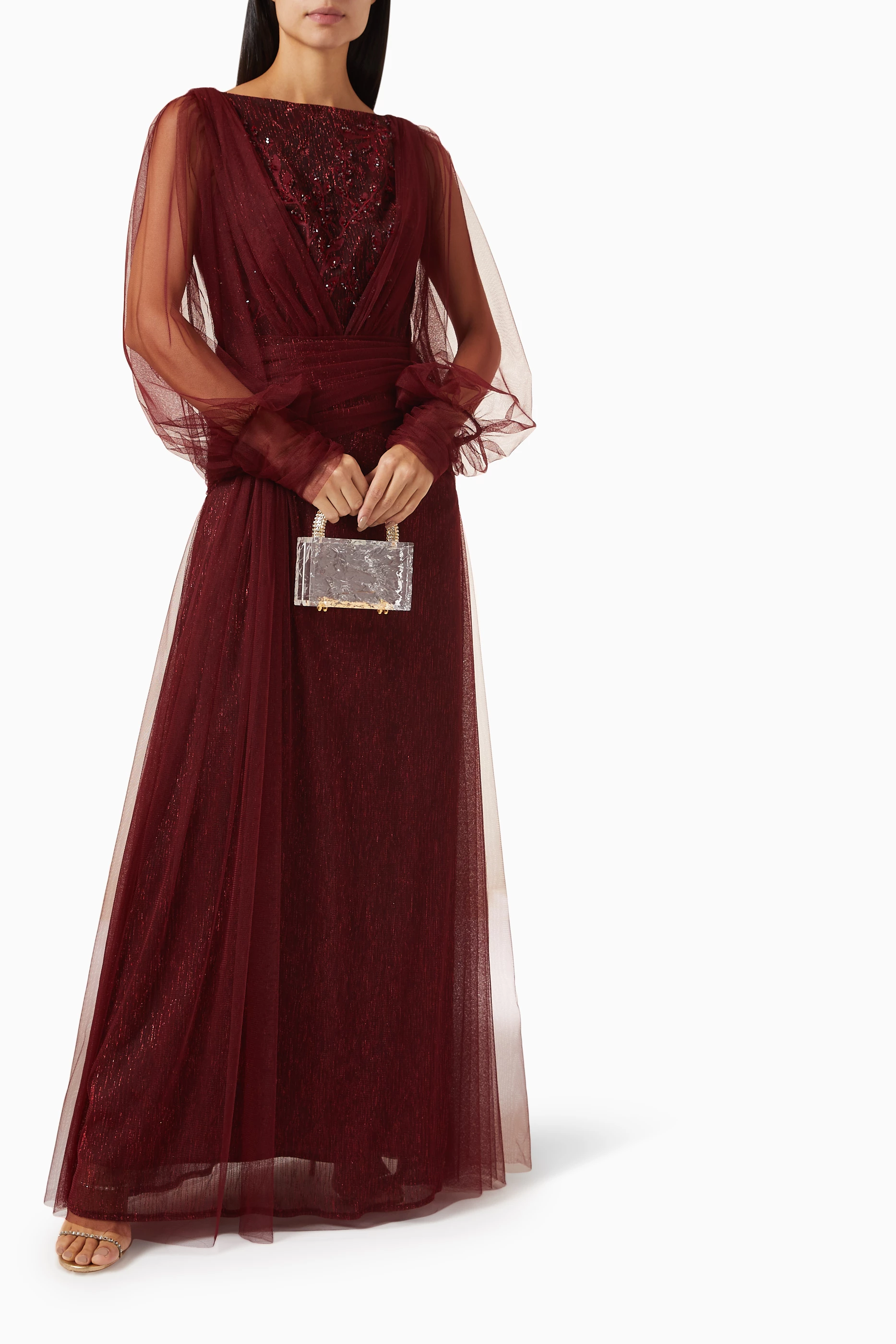 Buy NASS Burgundy Bead embellished Maxi Dress in Tulle For Women Online Ounass Bahrain