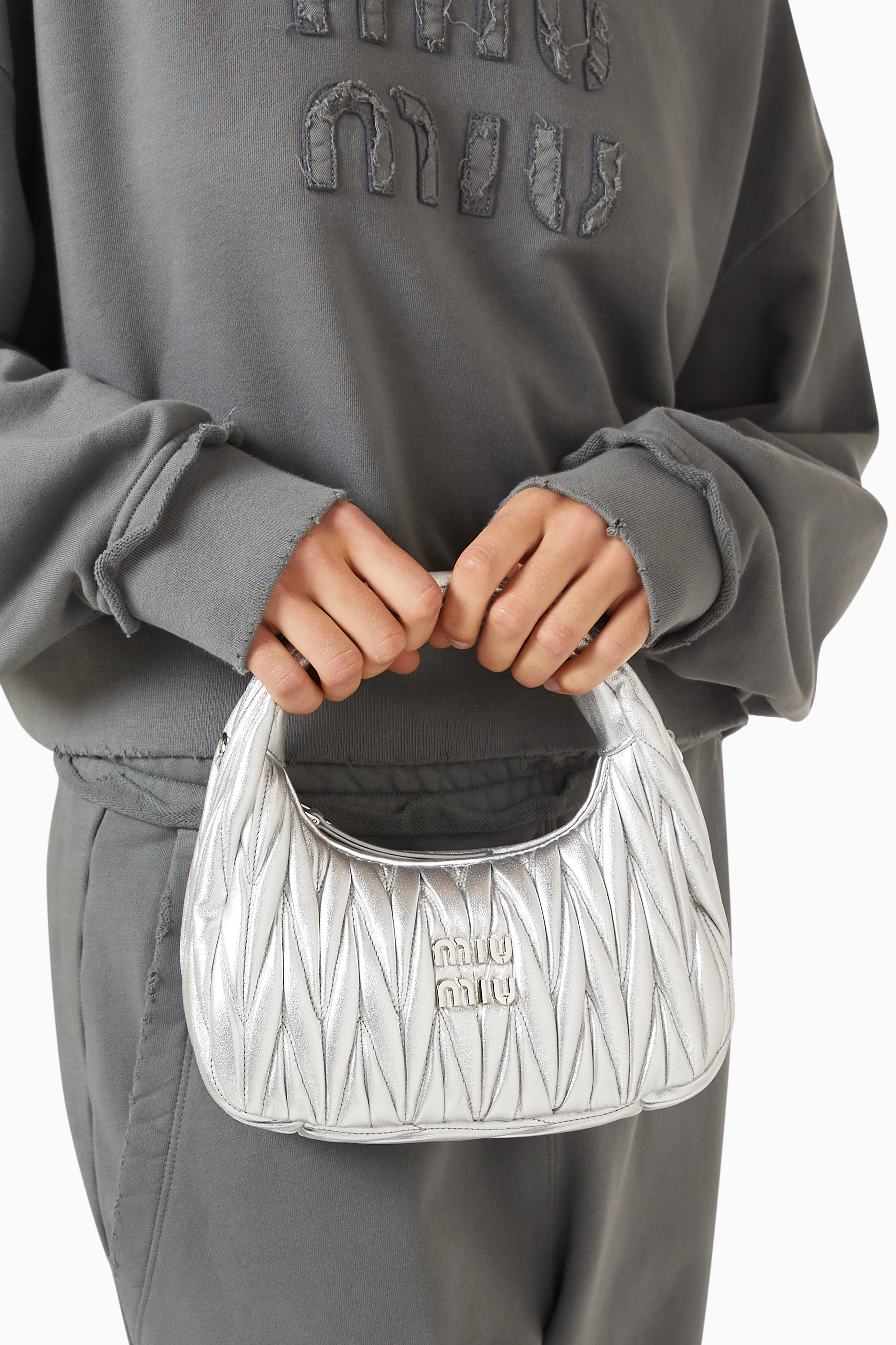 Buy Miu Miu Silver Mini Wander Hobo Bag in Metallic Matelassé