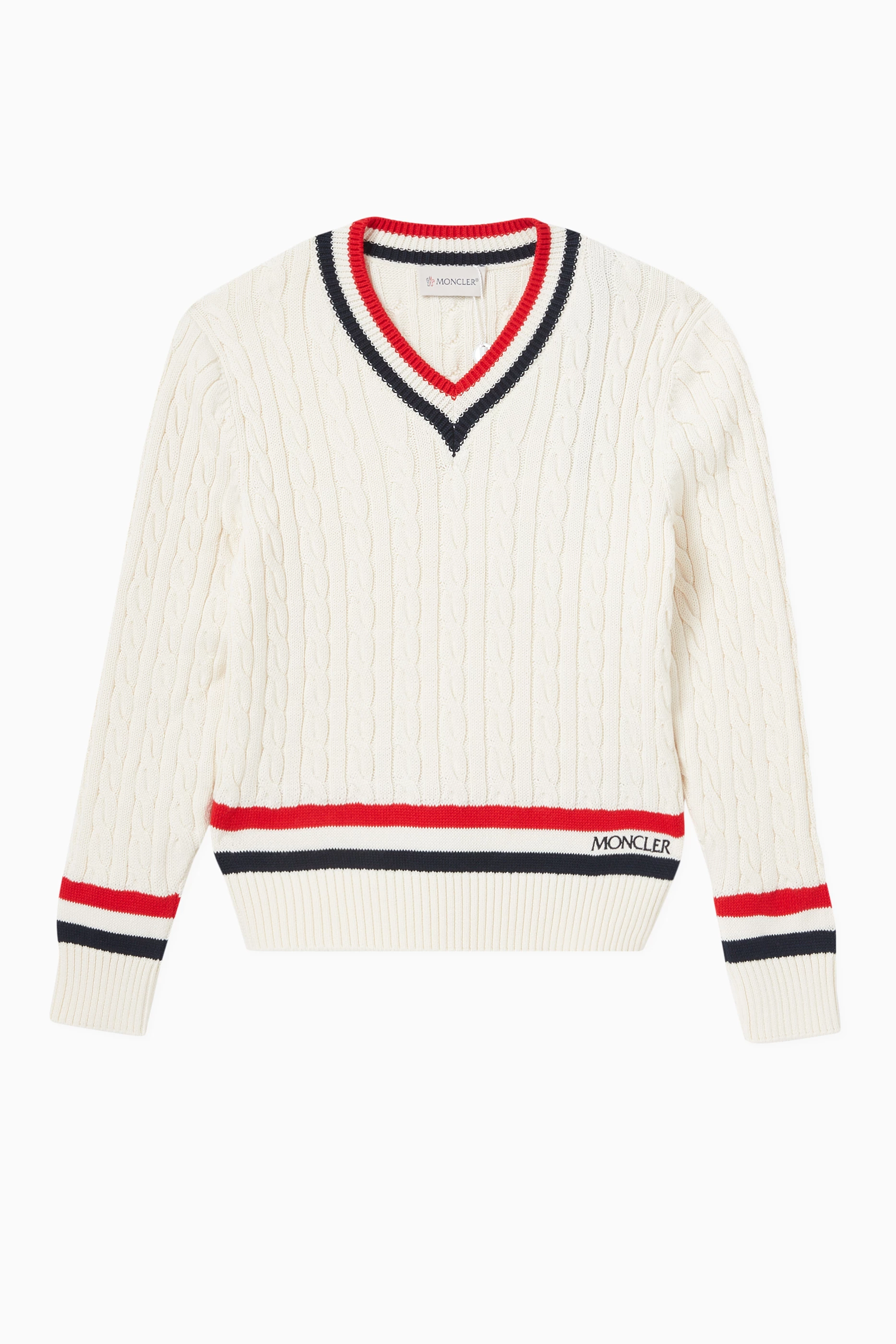 Buy Moncler Enfant Neutral Tricolour Striped V neck Sweater in Cotton Knit For Boys Online Ounass Bahrain