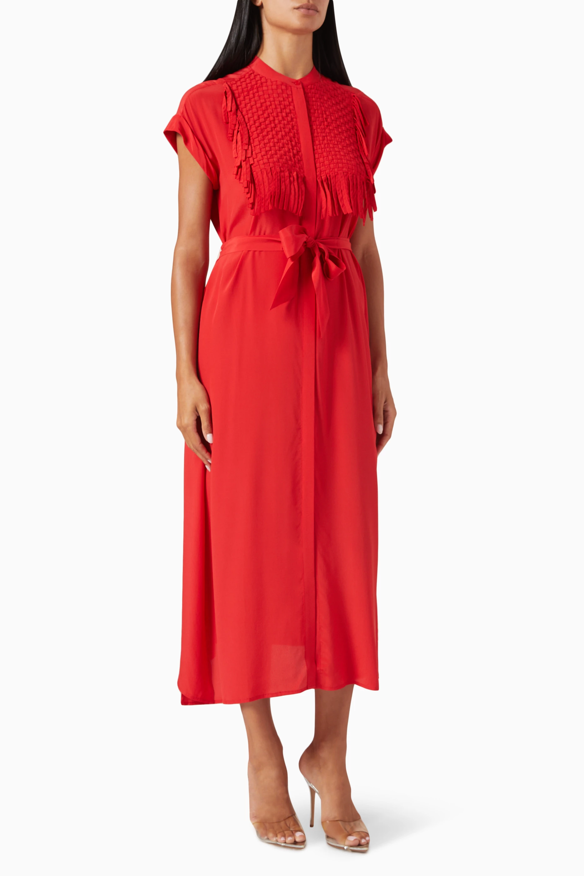 Buy Marella Red Forma Fringed Shirt Midi Dress in Silk blend For Women Online Ounass Bahrain