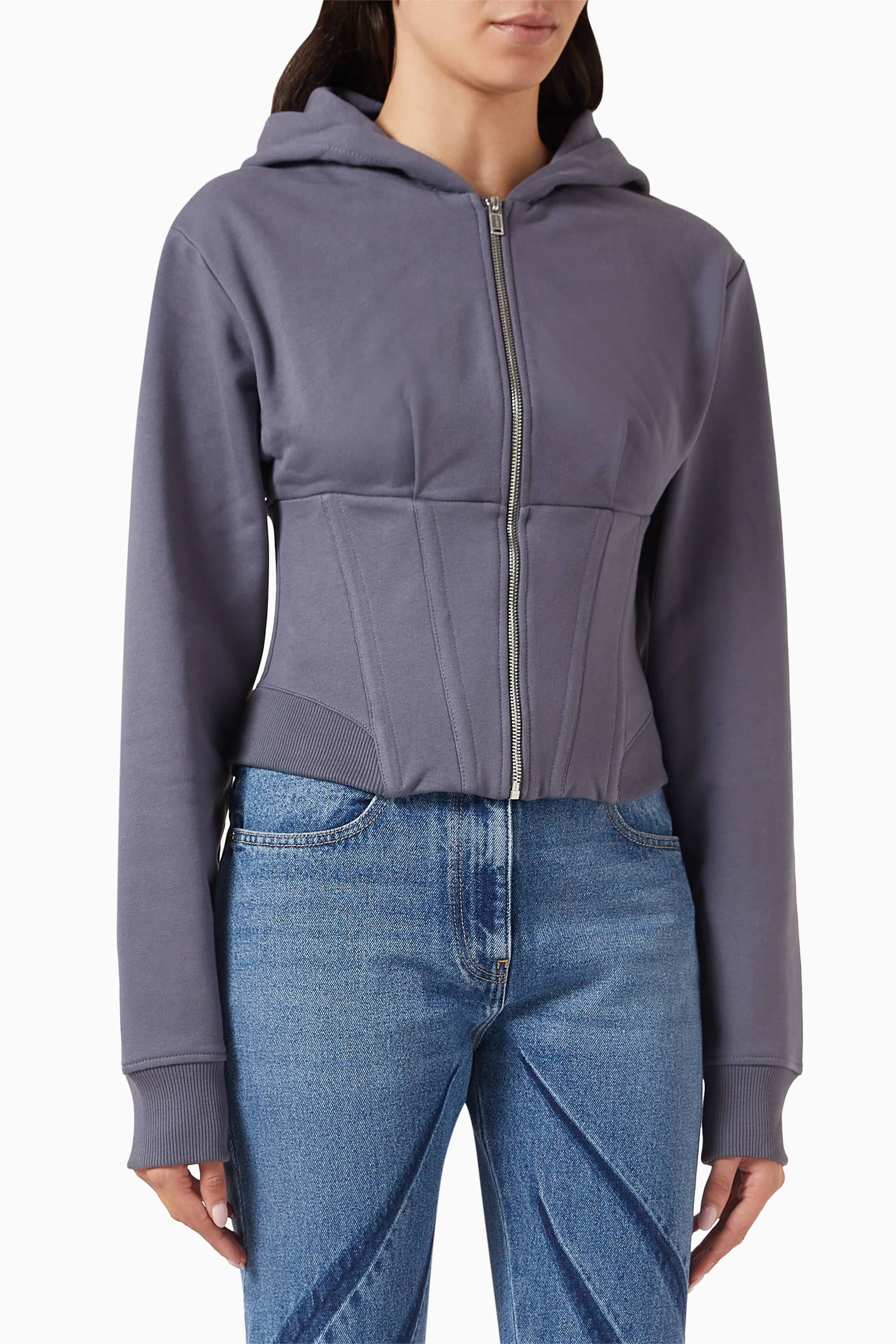 Buy Dion Lee Grey Layered Corset Hoodie in Organic Cotton terry For Women Online Ounass Bahrain