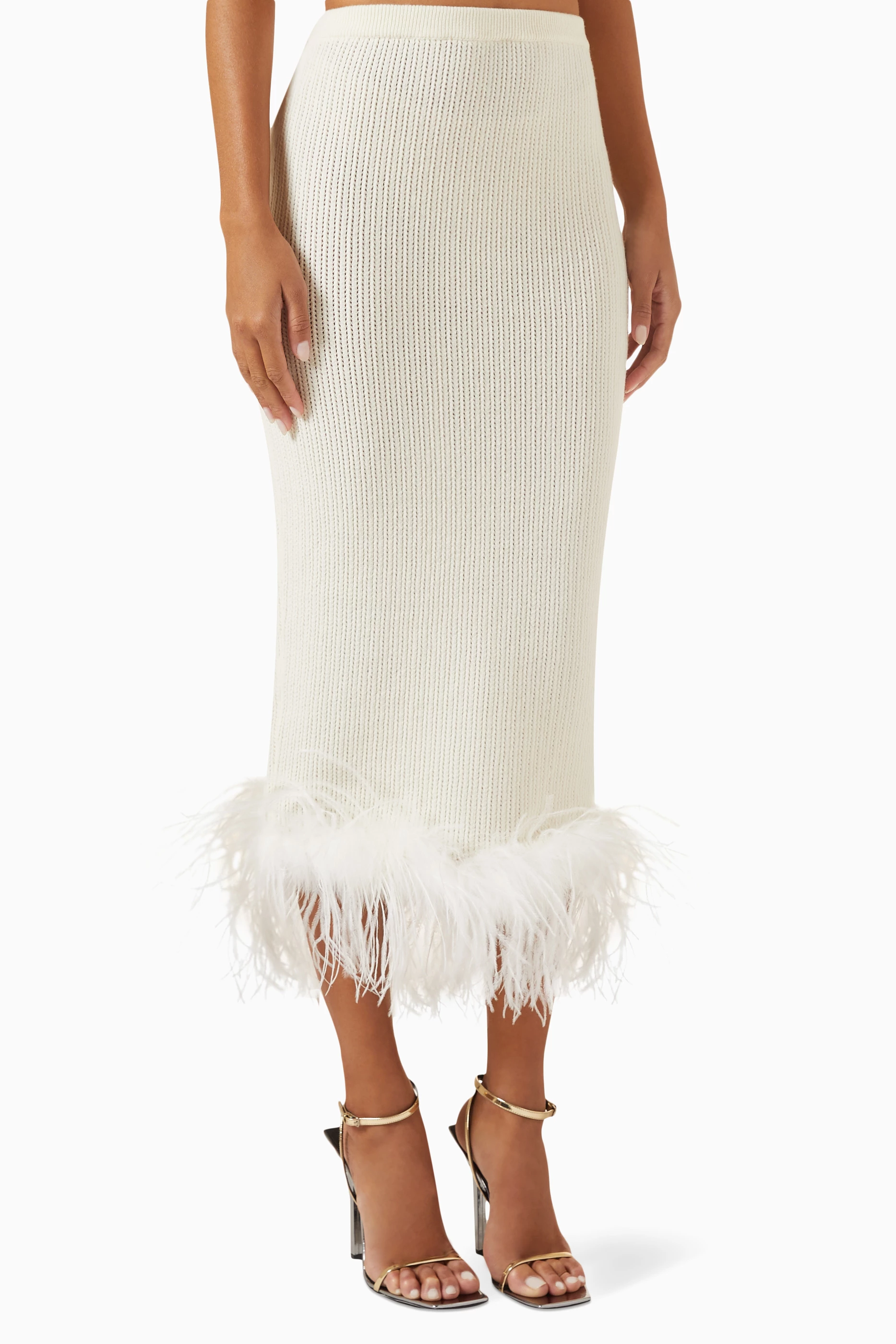 Buy Alessandra Rich White Feather trimmed Midi Skirt in Wool knit For Women Online Ounass Bahrain