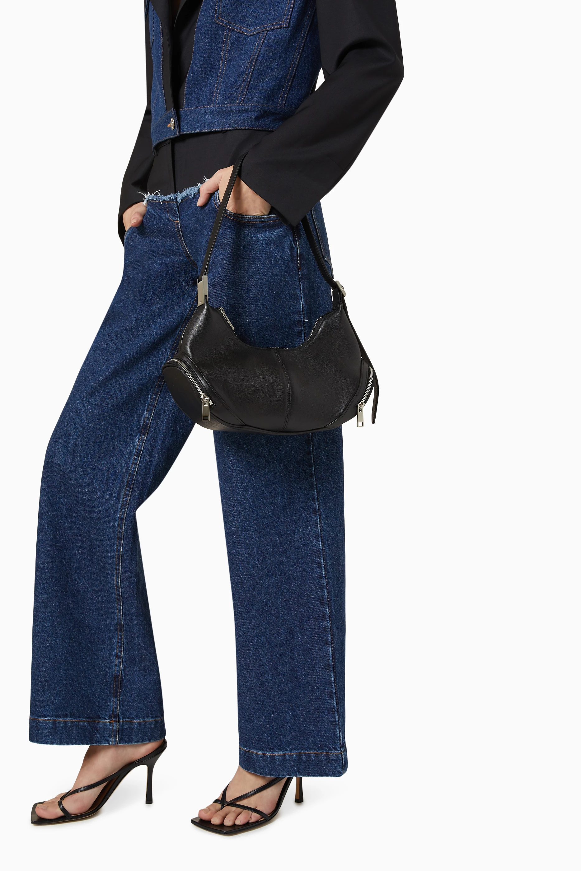Buy OSOI Black Small Cargo Hobo Shoulder Bag in Leather For Women 