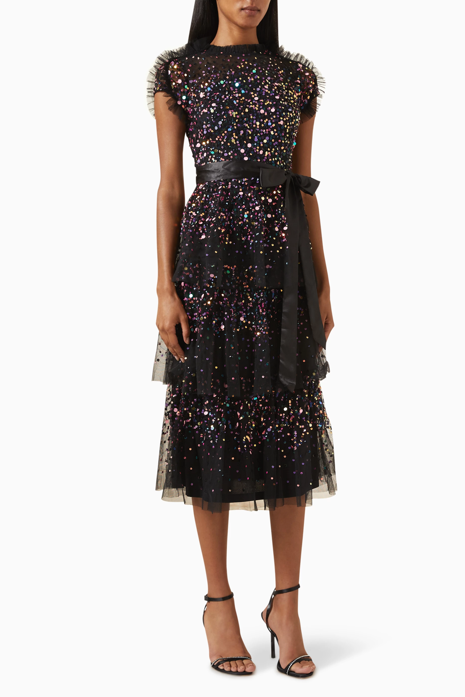 Buy Amelia Rose Black Sequin embellished Belted Midi Dress For Women Online Ounass Bahrain