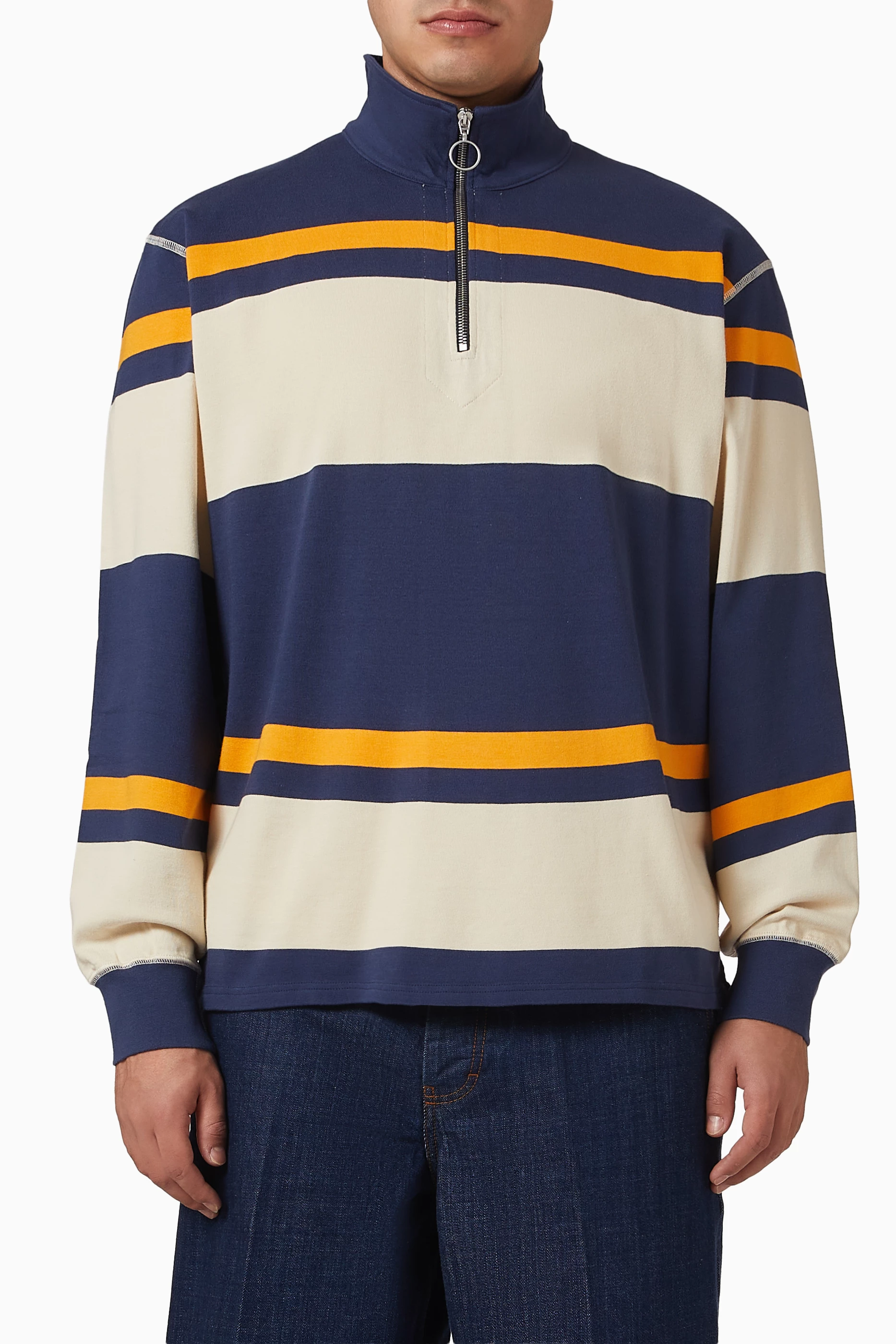 Buy Drakes Multicolour Stripe Quarter Zip Rugby Shirt in Cotton