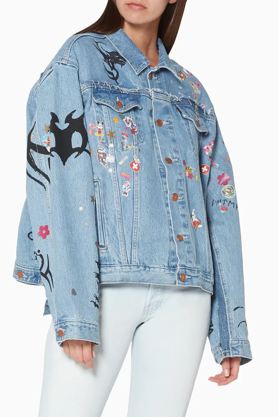 Buy Vetements Blue Light Blue Tribal Sticker Oversized Denim Jacket For Women Online Ounass Bahrain