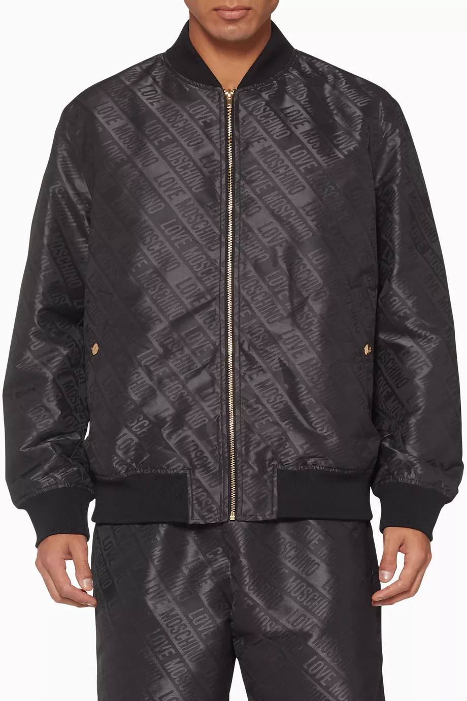 Buy Love Moschino Black Black Metallic All Over Logo Bomber Jacket For Men Online Ounass Bahrain