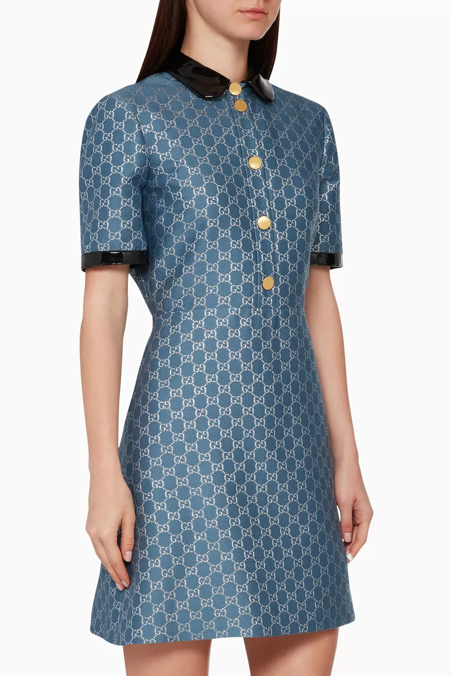 Buy Gucci Blue Leather Trimmed GG Lame Dress For Women Online Ounass Bahrain