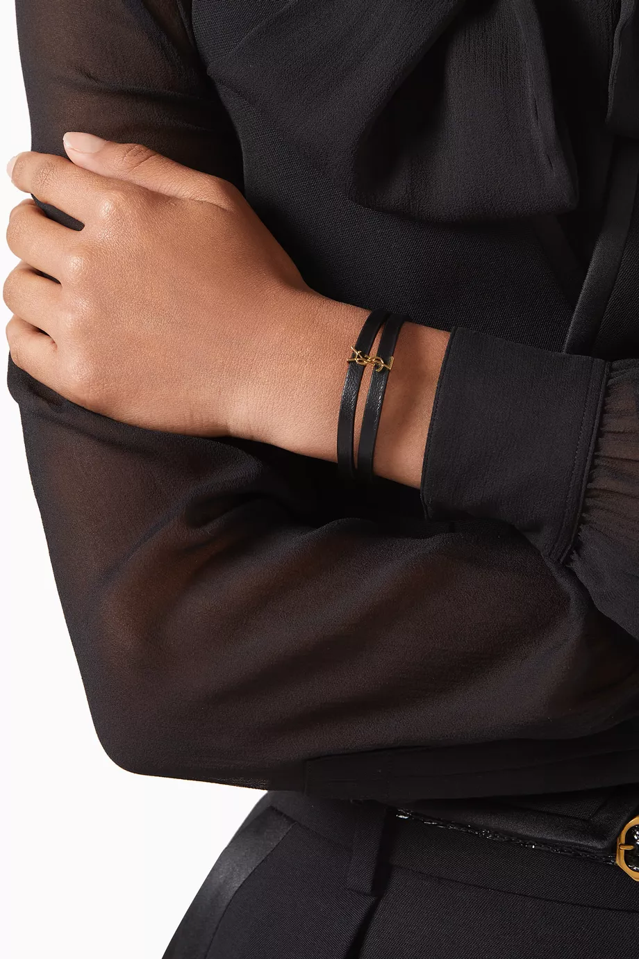 【Saint Laurent】CASSANDRE DOUBLE-STRAND BRACELET◆758230BL4 Saint Laurent Cassandre Double-Wrap Bracelet in Leather