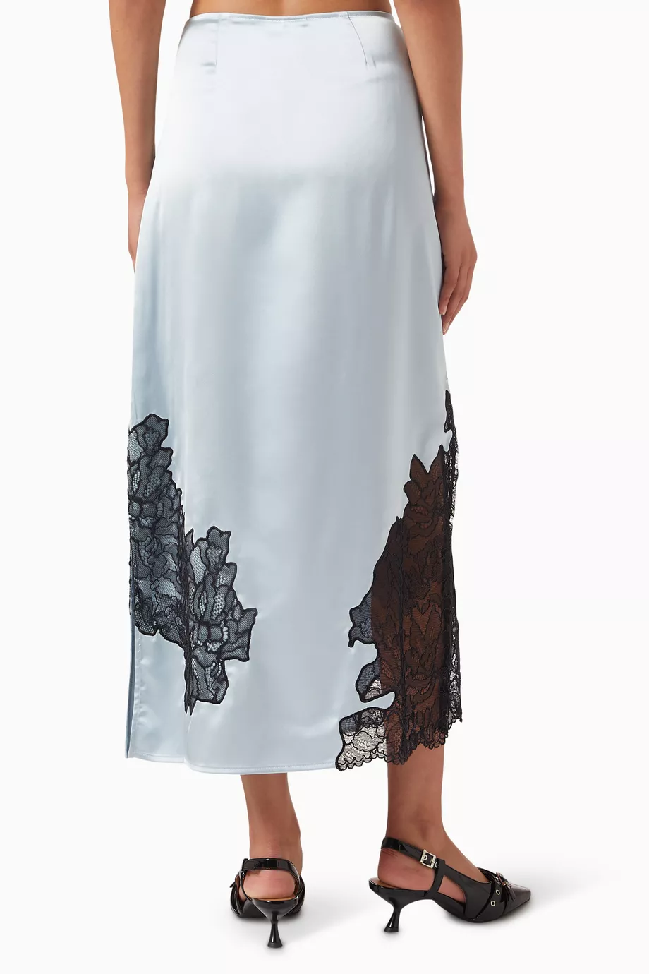 スカート SATIN LACE SKIRT ganni GANNI Satin skirt with lace in light blue/ black